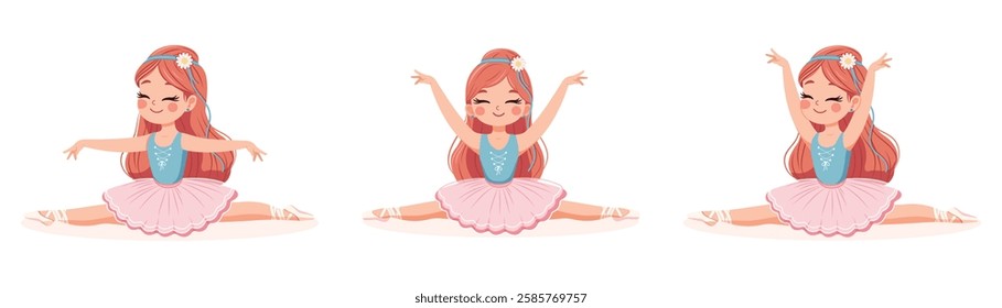 Pretty and gentle ballerinas girl in pink and blue dress doing the splits in the room on white background. Poster, Banner, Flyer, Greeting Card. Vector illustration in flat cartoon style