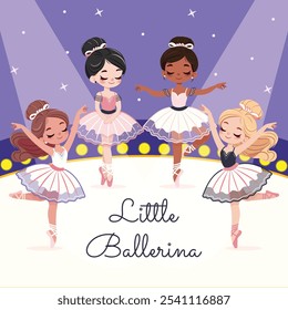 Pretty and gentle international ballerina girls in dress dancing on stage. Poster, Banner, Flyer, Greeting Card. Vector illustration in flat cartoon style