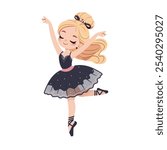 Pretty and gentle little ballerina girl in black and pink dress dancing on white background. Poster, Banner, Flyer, Greeting Card. Vector illustration in flat cartoon style