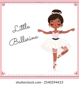 Bella y suave niña bailarina en vestido blanco y negro bailando sobre fondo blanco. Póster, Anuncio, Flyer, Tarjeta de felicitación. Ilustración vectorial en estilo plano de dibujos animados