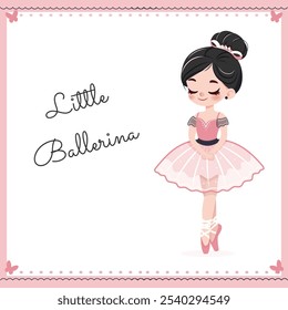 Bonita e gentil bailarina menina em vestido rosa dançando sobre fundo branco. Cartaz, Faixa, Panfleto, Cartão de Saudação. Ilustração vetorial em estilo de desenho animado plano