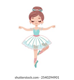 Pretty and gentle little ballerina girl in white, blue and pink dress dancing on white background. Poster, Banner, Flyer, Greeting Card. Vector illustration in flat cartoon style