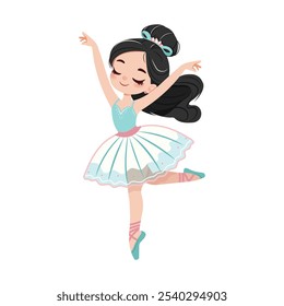 Menina de bailarina bonita e gentil em vestido branco, azul e rosa dançando sobre fundo branco. Cartaz, Faixa, Panfleto, Cartão de Saudação. Ilustração vetorial em estilo de desenho animado plano