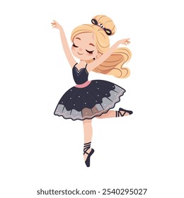 Pretty and gentle little ballerina girl in black and pink dress dancing on white background. Poster, Banner, Flyer, Greeting Card. Vector illustration in flat cartoon style