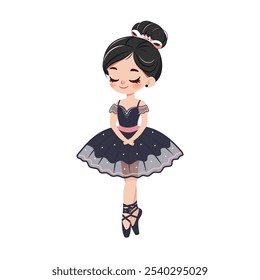 Pretty and gentle little ballerina girl in black and pink dress dancing on white background. Poster, Banner, Flyer, Greeting Card. Vector illustration in flat cartoon style