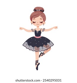 Pretty and gentle little ballerina girl in black and pink dress dancing on white background. Poster, Banner, Flyer, Greeting Card. Vector illustration in flat cartoon style