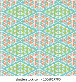 Pretty geometric daisy diamond damask pattern. Seamless repeating. Hand drawn mosaic vector illustration. Floral ornament in decorative coral peach, teal background. Summer fashion, retro home decor.