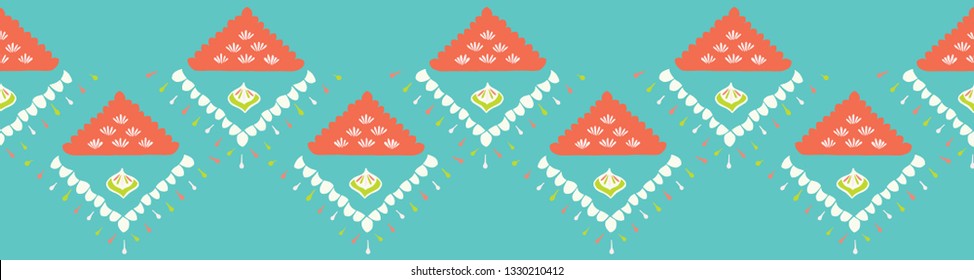 Pretty geometric diamond damask border. Seamless repeating. Hand drawn mosaic vector illustration. Ornate ornamental in decorative coral peach, teal ribbon trim. Summer fashion retro home decor tape.

