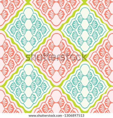 Pretty geometric diamond damask pattern. Seamless repeating. Hand drawn mosaic vector illustration. Ornate ornamental in decorative coral peach, teal background. Summer fashion, retro home decor.