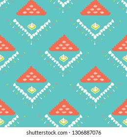 Pretty geometric diamond pattern. Seamless repeating. Hand drawn vector illustration. Simple ornamental arrow  triangle in decorative coral, teal white background. Summer fashion, retro home decor.