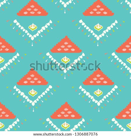 Pretty geometric diamond pattern. Seamless repeating. Hand drawn vector illustration. Simple ornamental arrow  triangle in decorative coral, teal white background. Summer fashion, retro home decor.