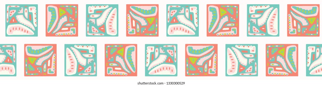 Pretty geometric memphis square pattern border. Seamless repeating. Hand drawn vector illustration. Ornamental abstract in trendy coral, teal green ribbon trim. Spring fashion, retro home decor.
