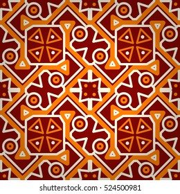 Pretty geometric seamless pattern background in primitive style. Colored, graphical design for packing-paper, ads, surface or other purpose. Actual tracery. Entangled mosaic repeatable backdrop.