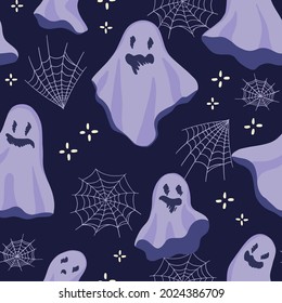 Pretty ghosts. Abstract hand drawn vector seamless pattern. Colored cartoon ornament with flying spirits. Funny Halloween design for print, fabric, textile, background, wallpaper, wrap, card, decor.