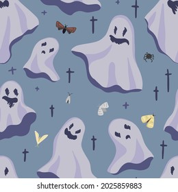 Pretty ghosts. Abstract hand drawn vector seamless pattern. Colored cartoon ornament with flying spirits. Funny Halloween design for print, fabric, textile, background, wallpaper, wrap, card, decor.