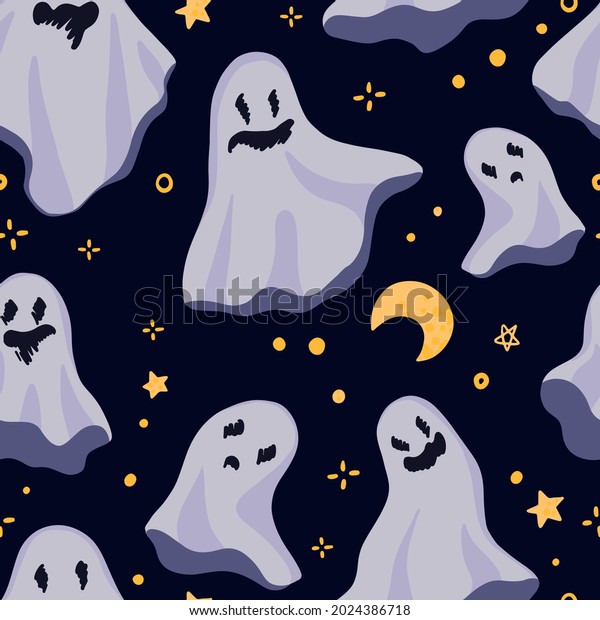 Pretty ghosts. Abstract hand drawn vector seamless\
pattern. Colored cartoon ornament with flying spirits. Funny\
Halloween design for print, fabric, textile, background, wallpaper,\
wrap, card, decor.