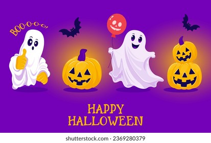 Pretty ghosts with Jack O' Lantern pumpkins on a card to Halloween on a glowing purple background. Ghost holding a red balloon. Spirit shows his thumb at the top. Sparkling halloween poster. phantasma