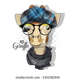 Pretty giraffe with blue checkered hat, glasses and knitted scarf. Hand drawn illustration of dressed camelopard.  Vector illustration.
