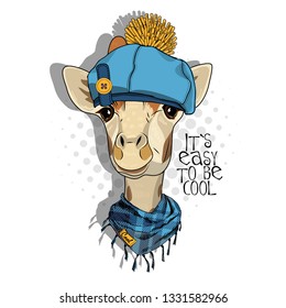 Pretty giraffe with blue hat and blue scarf. Hand drawn illustration of dressed camelopard.  Vector illustration.