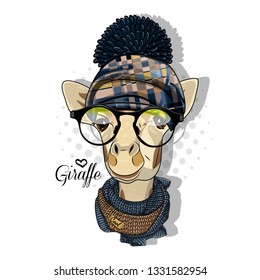 Pretty giraffe with checkered hat, glasses and knitted scarf. Hand drawn illustration of dressed camelopard.  Vector illustration.