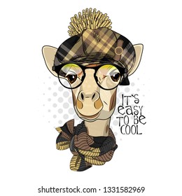 Pretty giraffe with checkered hat, glasses and knitted scarf. Hand drawn illustration of dressed camelopard.  Vector illustration.