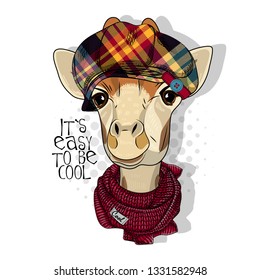 Pretty giraffe with checkered hat and red knitted scarf. Hand drawn illustration of dressed camelopard.  Vector illustration.