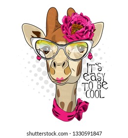 Pretty giraffe with earrings, glasses,  flower and pink scarf. Hand drawn illustration of dressed camelopard.  Vector illustration.