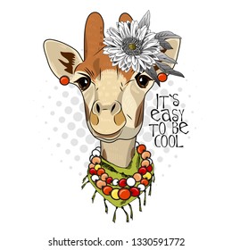 Pretty giraffe with earrings, necklace, flower, green scarf. Hand drawn illustration of dressed camelopard.  Vector illustration.