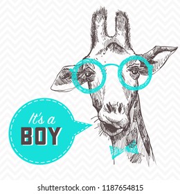Pretty giraffe facial head on glasses for boy baby shower. Beautiful banner, card.