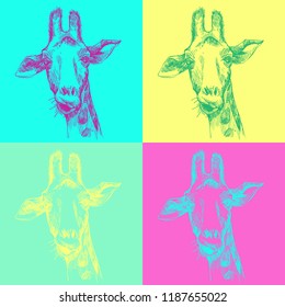 A pretty giraffe. Hand drawn giraffe pop art pattern. Sketch of the giraffe facial head. Giraffe with divergent rays from him.