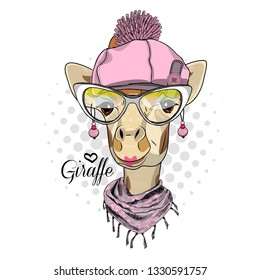 Pretty giraffe with pink hat, earrings glasses and scarf. Hand drawn illustration of dressed camelopard.  Vector illustration.