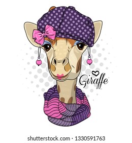 Pretty giraffe with violet hat, earrings,  and knitted scarf. Hand drawn illustration of dressed camelopard.  Vector illustration.