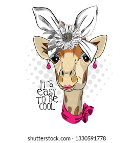 Pretty giraffe with white turban, earrings, flower, pink scarf. Hand drawn illustration of dressed camelopard.  Vector illustration.