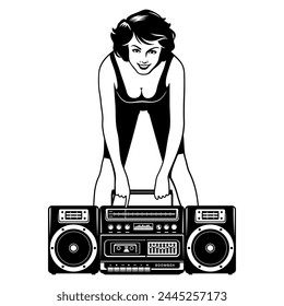 Pretty girl in aerobics suit with boombox. Vector clipart isolated on white.