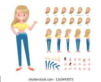 Pretty girl for animation. Front, side, back, 3/4 view character. Separate parts of body. Cartoon style, flat vector illustration.