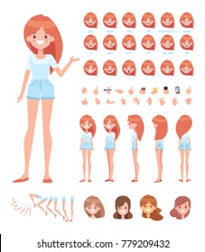 Pretty Girl For Animation. Front, Side, Back, 3/4 View Character. Separate Parts Of Body. Cartoon Style, Flat Vector Illustration.