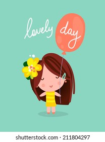 Pretty girl with balloon. Cute vector illustration. "Lovely day" greeting card.
