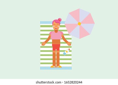 A pretty girl bask on beautiful summer, Happy summertime theme. Simple vector illustration, this illustration can use as a sticker also. 