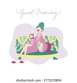 Pretty girl in bathrobe with cup in hand free hand style vector illustration