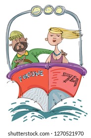 A pretty girl and a bearded sailor in a posh motor boat. Cartoon. Caricature.