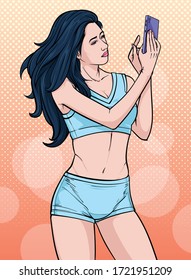 Pretty girl. A beautiful woman posed for selfie with mobile phone. Illustration vector On pop art comics style Abstract dots background.