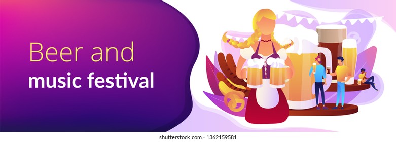 Pretty girl with beer mugs and tiny business people at festival talking and drinking. Beer fest, street brewing, beer and music festival concept. Header or footer banner template with copy space.