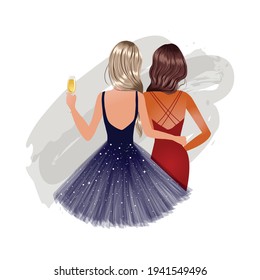 Pretty Girl Best Friends Wearing Party Dresses With Champagne Glass. Flat Vector Design.