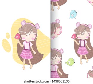 pretty girl with bird seamless pattern - vector