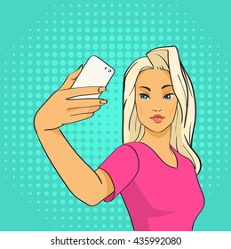 Pretty Girl Blogger Taking Selfie Photo On Smart Phone Pop Art Colorful Retro Style Vector Illustration