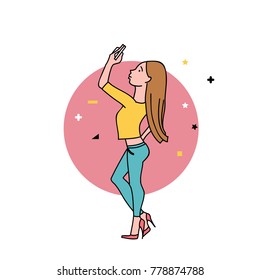 Pretty girl blogger taking selfie photo on smart phone. Vector illustration. Cartoon character. Line style.
