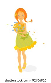 A pretty girl with a bouquet of wild flowers on a white background