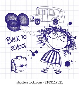 A pretty girl with a briefcase and balloons goes to school. Back to school. School bus. Drawing with a pen on a notebook sheet. Vector