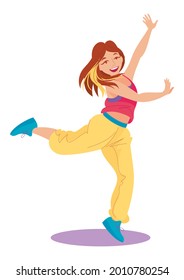 Pretty girl in girl in bright sportswear dancing modern dance in a jump. Dancing club, school, fitness classes. Vector illustration, cartoon character, isolated, icon, simbol, logo, design element