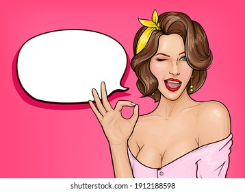 Pretty girl with brown curly hair and open mouth showing ok sign, smiling and winking on pink background with empty speech bubble. Sexy woman with naked shoulders. Vector pop art illustration.